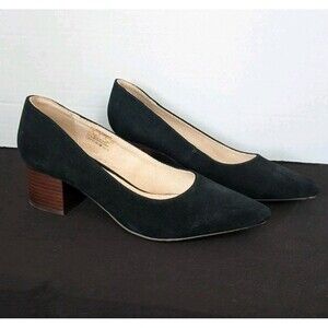 Hush Puppies Sofie Pumps Women’s 10 Black Suede Slip-On Wood Heals Sleek Casual